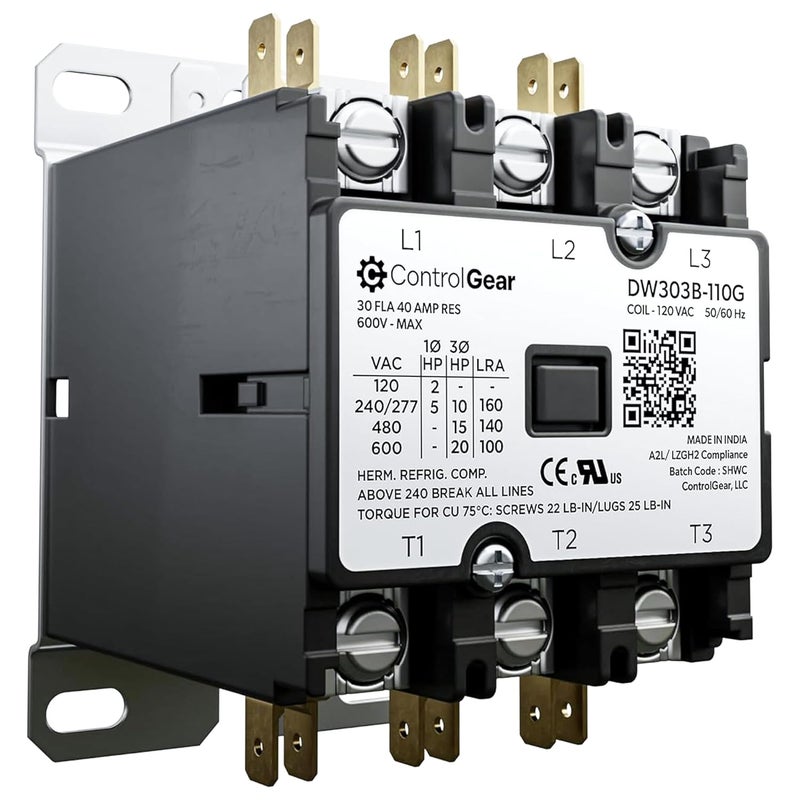 ControlGear Store 3 Pole Definite Purpose Contactor 120V Coil, 30 Amp Definite Purpose, UL Recognized and Approved for use with A2L Refrigerants, Line Lugs, Load Screws, DW303B-11 (3P 30A 120V Coil) - Image 1
